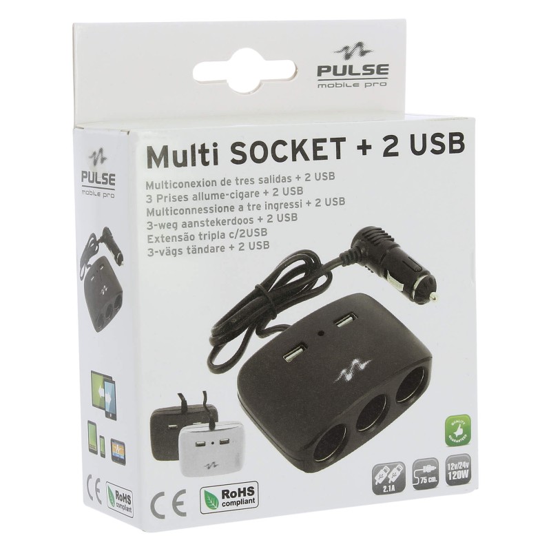 3 MULTIPRISES ALLUME CIGARE + 2 USB 2.1A BLANC - SCT