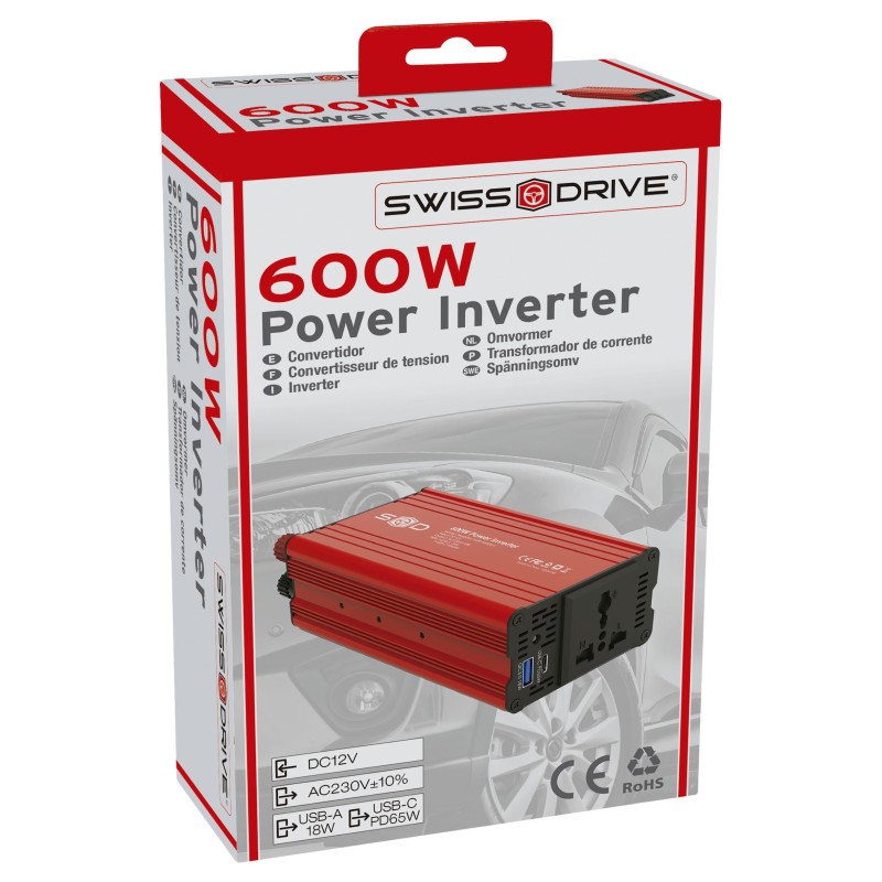 CONVERTISSEUR 12V/230V 600W+USB 2.1A*2+PINCES CROCODILES