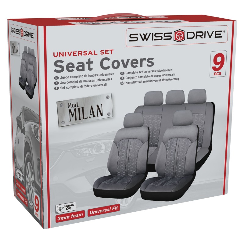 HOUSSES DE SIEGE MILAN 9PCS NOIR SURPIQURES GRISES