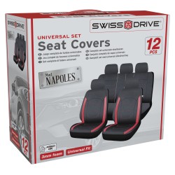 HOUSSES DE SIEGE NAPLES 12 PCS NOIR SURPIQURES ROUGE