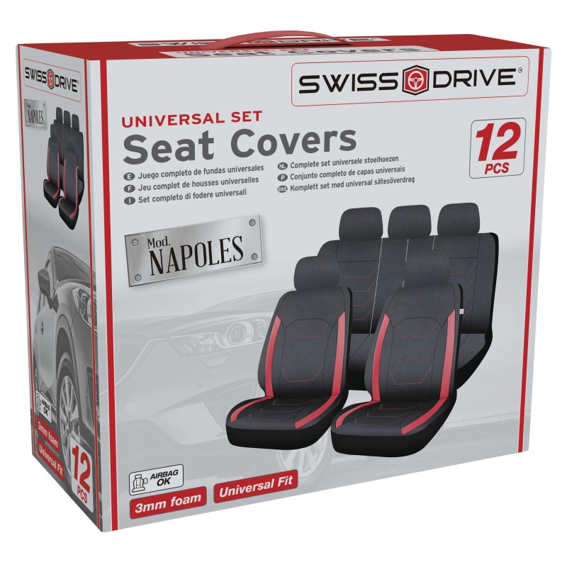 HOUSSES DE SIEGE NAPLES 12 PCS NOIR SURPIQURES ROUGE