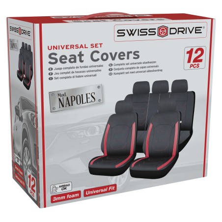 HOUSSES DE SIEGE NAPLES 12 PCS NOIR SURPIQURES ROUGE