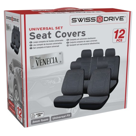 HOUSSES DE SIEGE VENISE 12PCS NOIR SURPIQURES GRISES