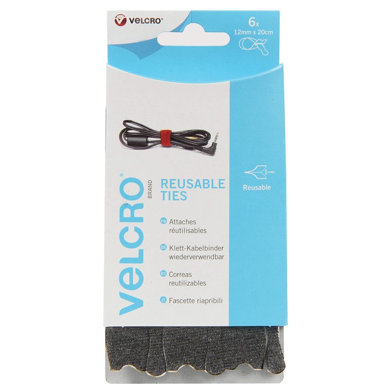 VELCRO® BRAND ATTACHES REUTILISABLES 12X200MM 6PCS NOIR - SCT