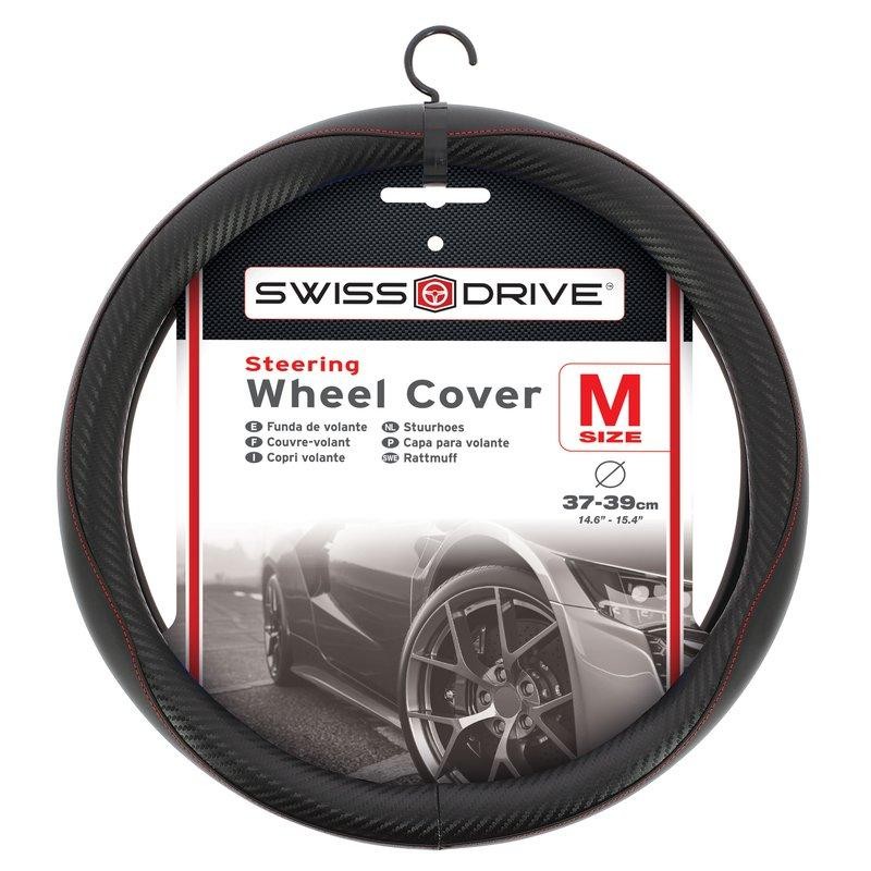 COUVRE VOLANT NOIR CARBONE SURPIQURE ROUGE 37-39CM