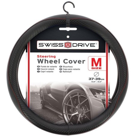 COUVRE VOLANT NOIR CARBONE SURPIQURE ROUGE 37-39CM