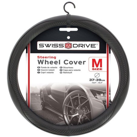 COUVRE VOLANT NOIR CARBONE SURPIQURE NOIRE 37-39CM
